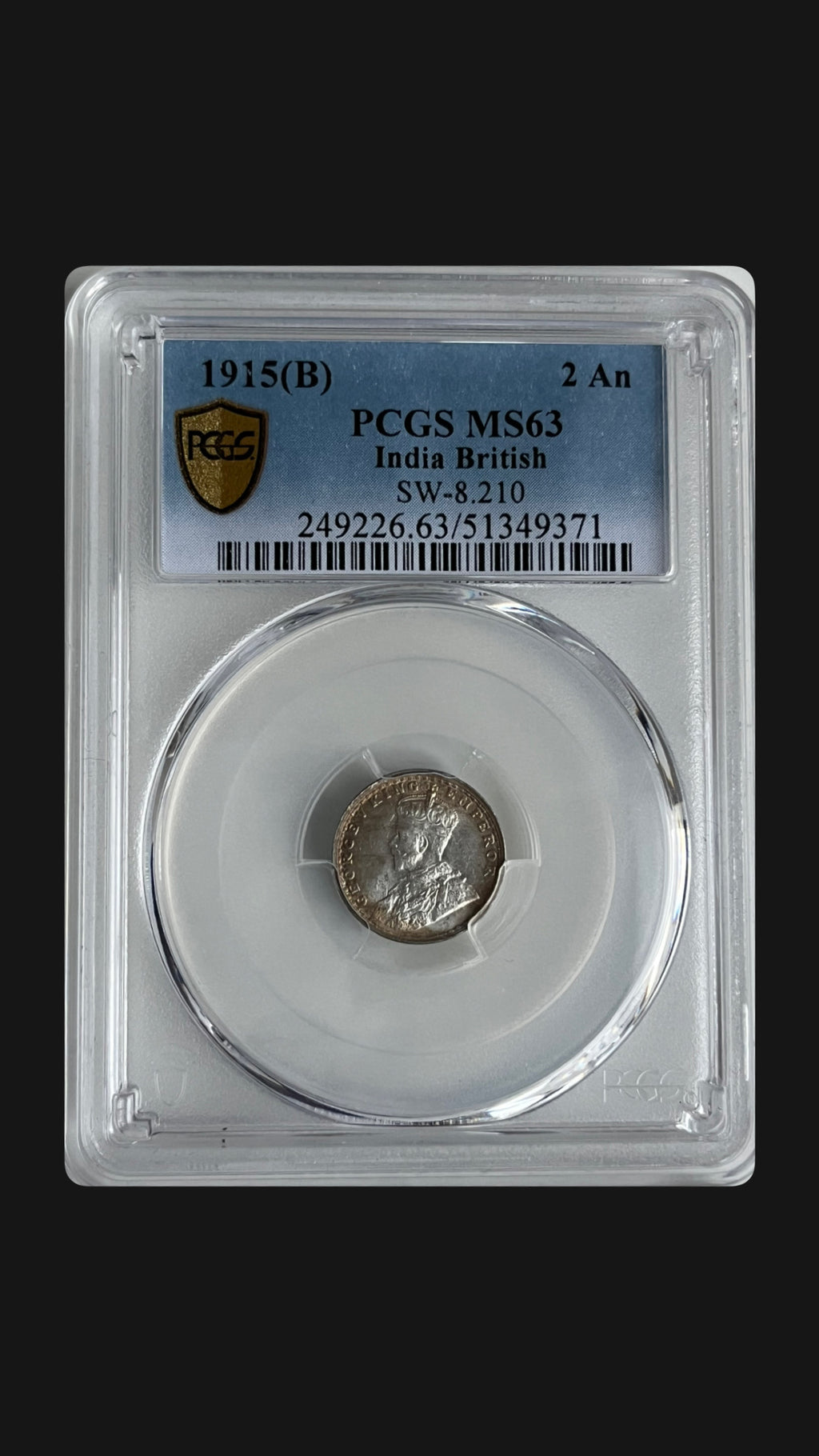 Graded PCGS MS63 Two Anna’s 1915 Bombay Mint British India