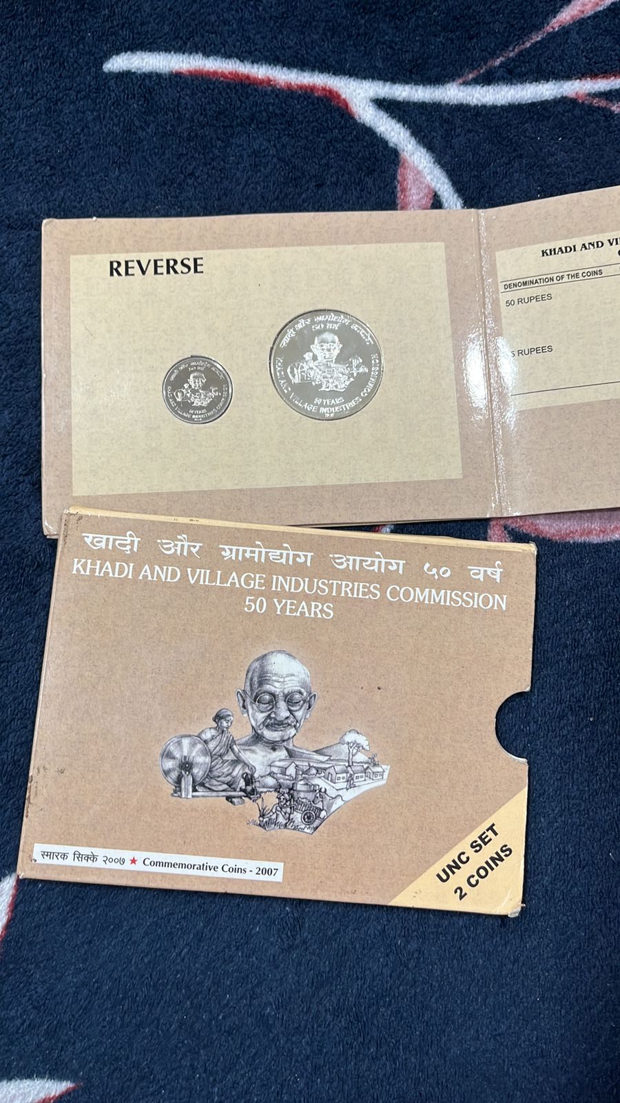 50 YEARS OF KHADI AND VILLAGE INDUSTRIES COMMISSION UNC SET 2 COINS OF 50 AND 5 RUPEES EACH VERY RARE