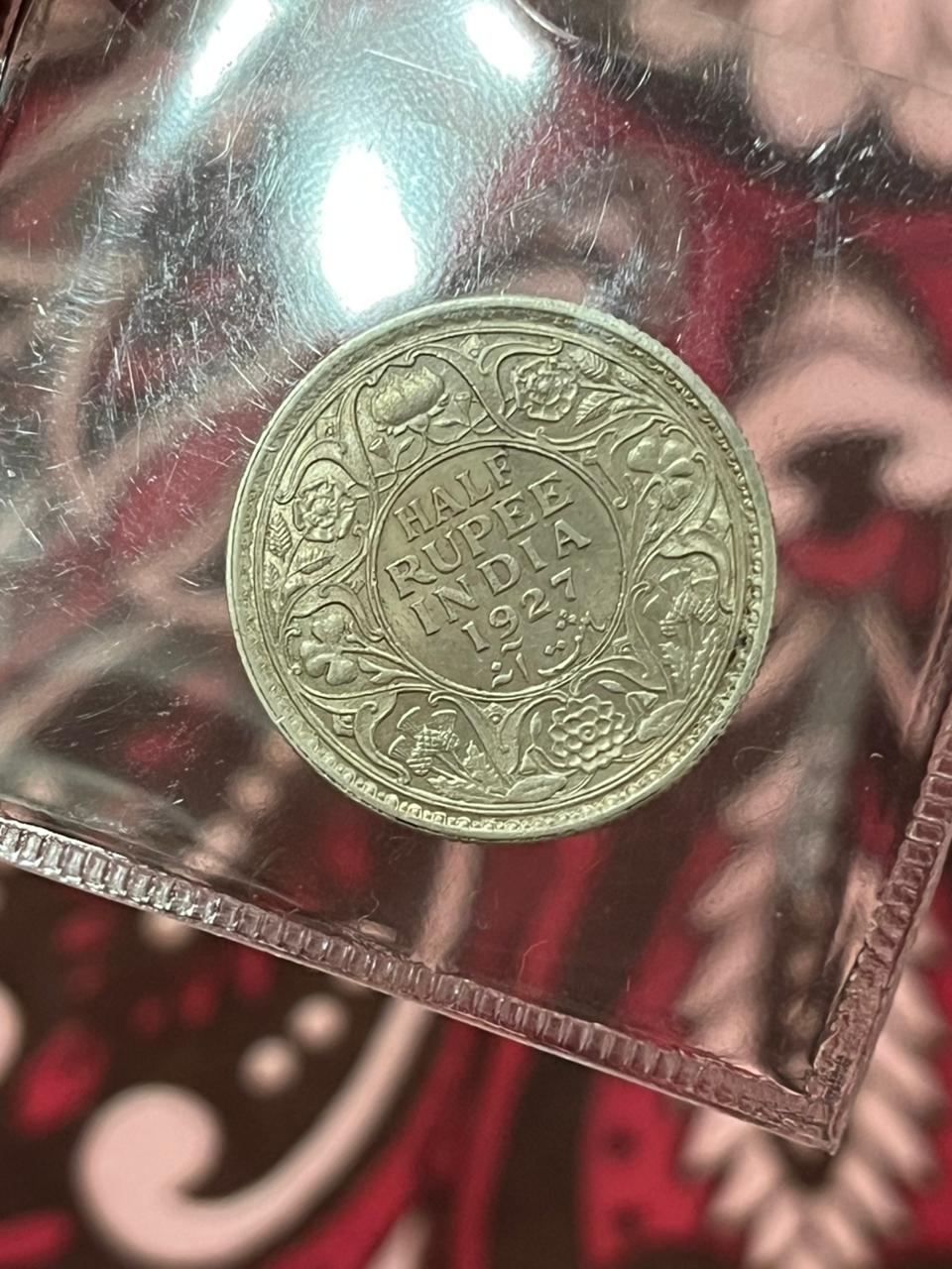 Extremely rare Half Rupee UNC coin of year 1927 - King George V, Calcutta Mint - Key Date Coin